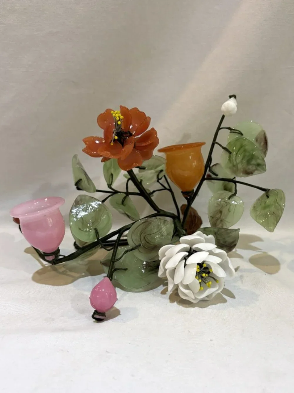 Vintage Hand Carved Jade & Stone Floral Candle Holder Centerpiece AS IS